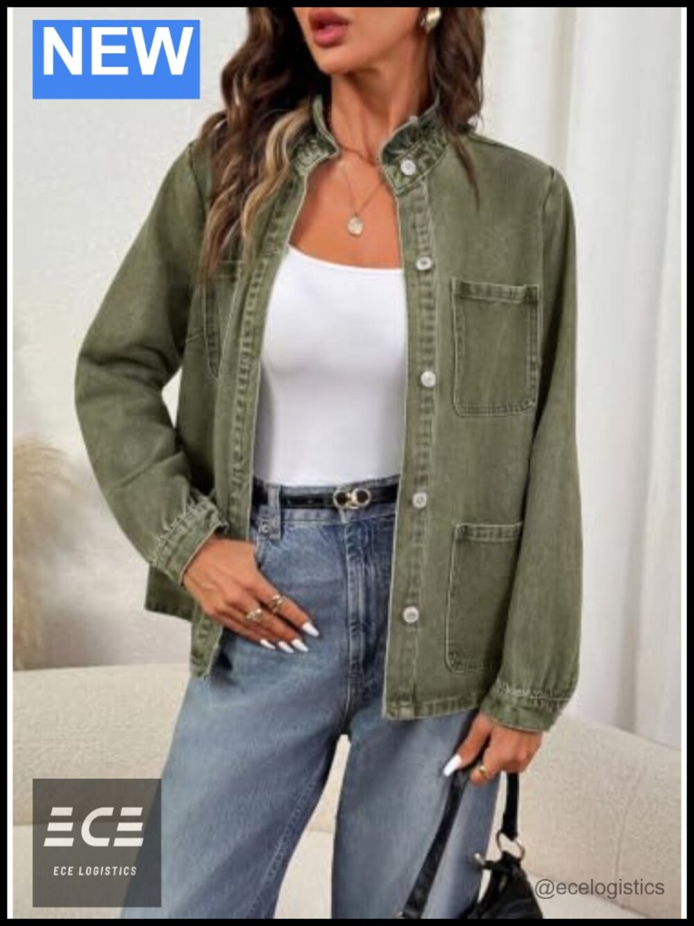 Button Down Ruffle Oversized Cropped Denim Jacket - Picture 3 of 6